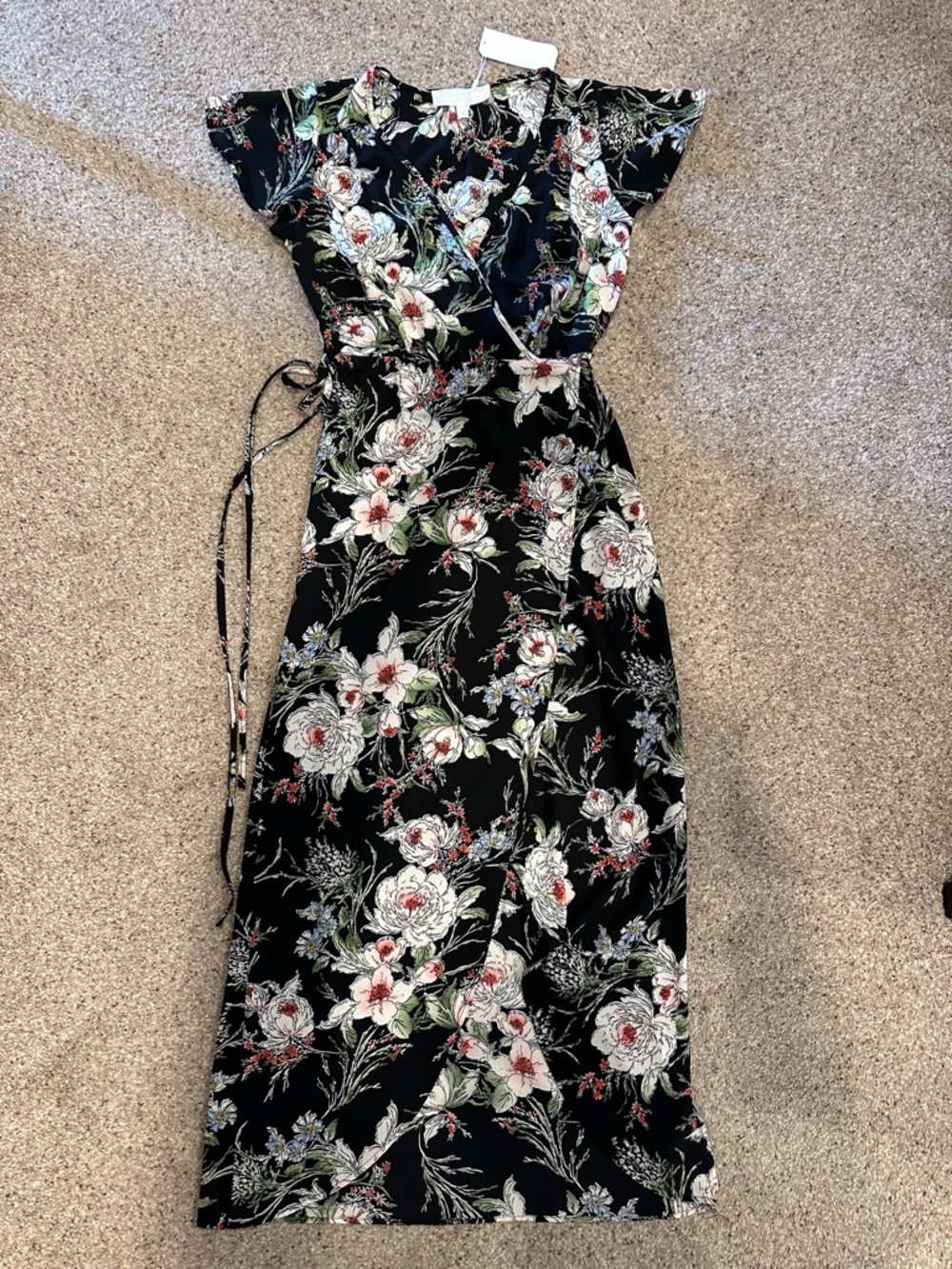 Black Floral Maxi Wrap Dress with Tie Waist